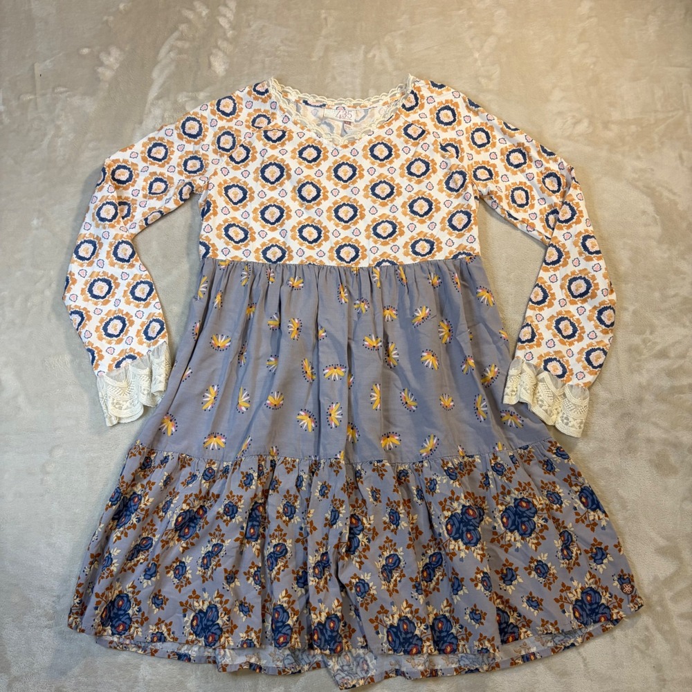 Matilda Jane 435 Girls Mixed Print Tiered Lace Trim Dress Size 12 Blue Orange
